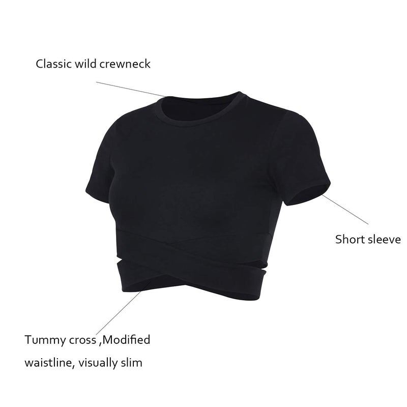 DREAM SLIM Short Sleeve Crop Tops for Women Tummy Cross Fitted Yoga Gym Tops Lightweight Workout Cropped Tank Top (Black, S) - Image 5